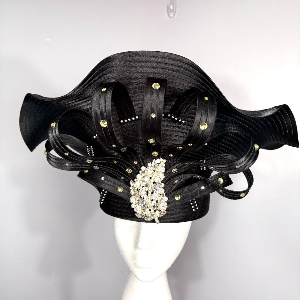 BEN MARC INTERNATIONAL BLACK CHURCH LADY HAT. JEWELED WITH ORNATE FRONT. - Picture 8 of 8